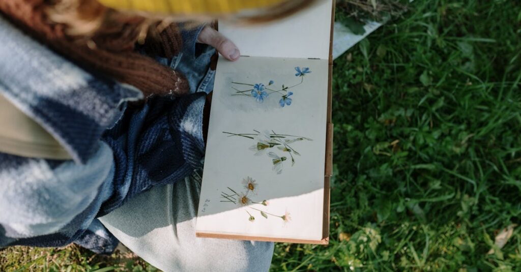 A person drawing wildflowers in a sketchbook while sitting on green grass in a serene outdoor setting.
