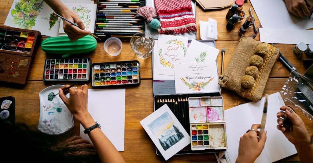 Top view of artists working with watercolor paints and art supplies in a creative workshop setting.