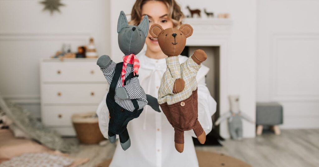 A woman happily plays with animal puppet toys indoors, showcasing a playful and fun atmosphere.